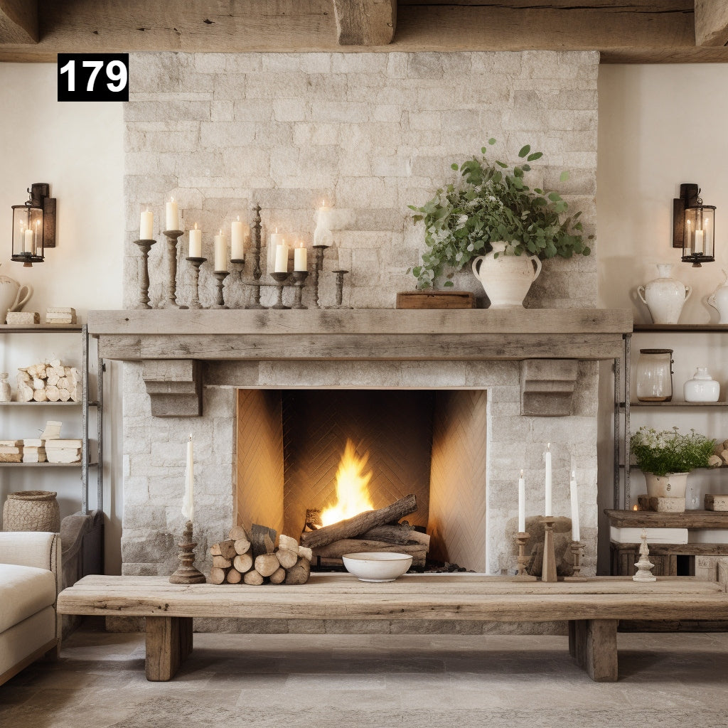 rustic reclaimed wood farmhouse custom beam floating solid distressed handcrafted barn shabby chic fireplace timber vintage style made Canada natural unique eco-friendly home decor iron legs corbels wrap-around