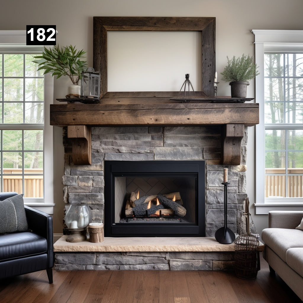 Custom reclaimed wood beam fireplace mantel with corbels