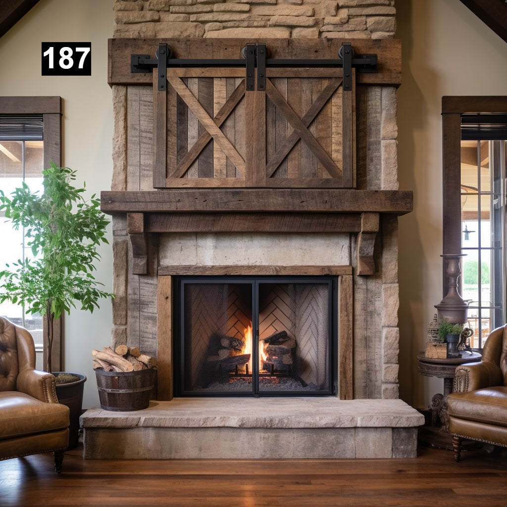 Custom reclaimed wood beam fireplace mantel with corbels