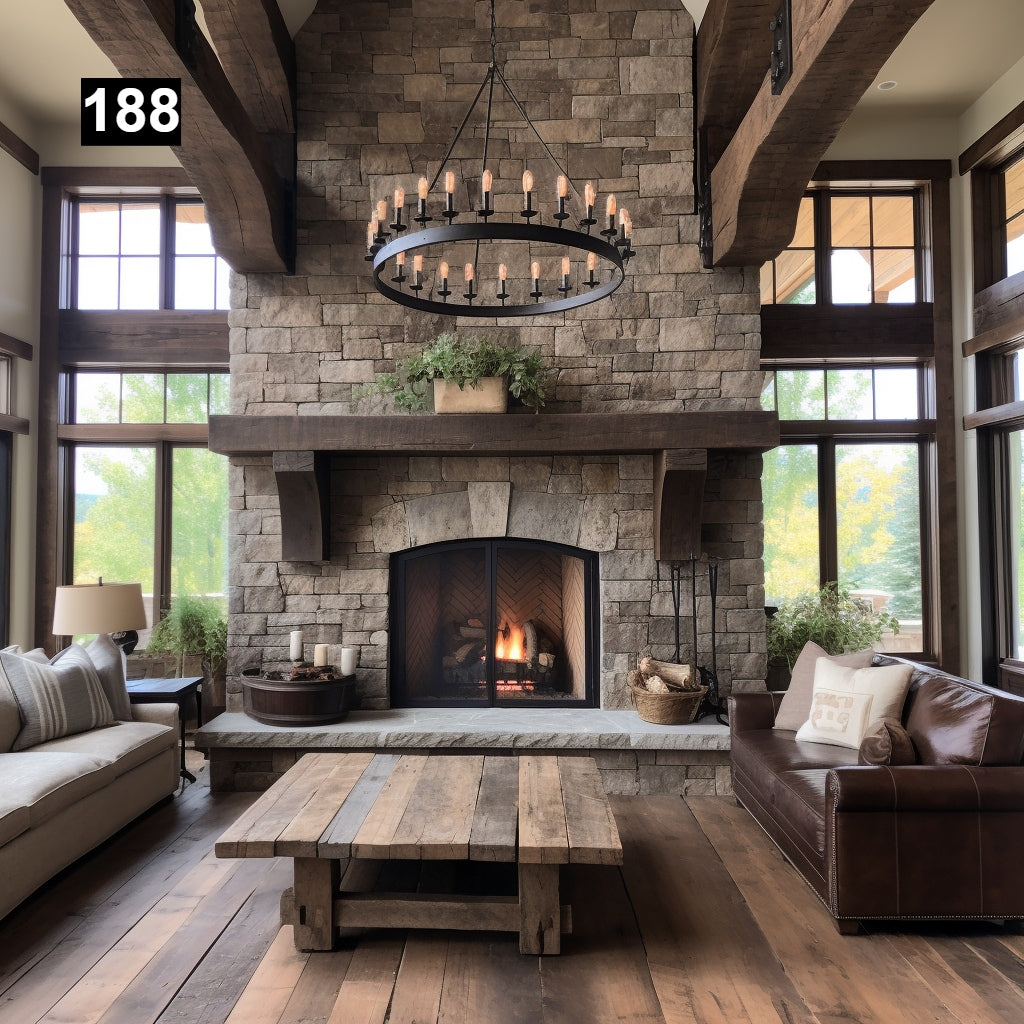 Custom reclaimed wood beam fireplace mantel with corbels