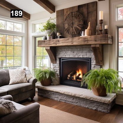 rustic reclaimed wood farmhouse custom beam floating solid distressed handcrafted barn shabby chic fireplace timber vintage style made Canada natural unique eco-friendly home decor iron legs corbels wrap-around