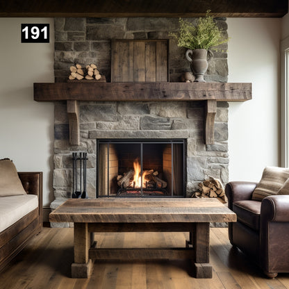 rustic reclaimed wood farmhouse custom beam floating solid distressed handcrafted barn shabby chic fireplace timber vintage style made Canada natural unique eco-friendly home decor iron legs corbels wrap-around