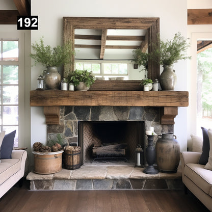 rustic reclaimed wood farmhouse custom beam floating solid distressed handcrafted barn shabby chic fireplace timber vintage style made Canada natural unique eco-friendly home decor iron legs corbels wrap-around