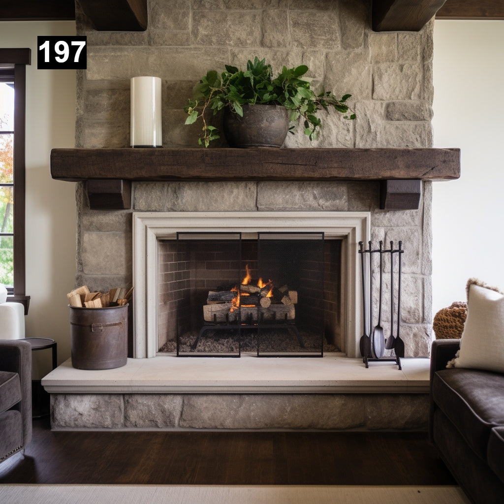 rustic reclaimed wood farmhouse custom beam floating solid distressed handcrafted barn shabby chic fireplace timber vintage style made Canada natural unique eco-friendly home decor iron legs corbels wrap-around