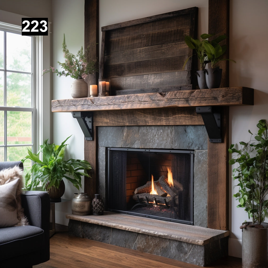 Warm Looking Reclaimed Wood Beam Fireplace Mantel with Iron Corbels #223