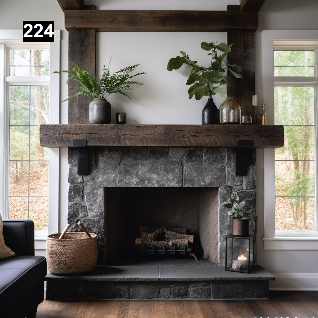 Warm Looking Reclaimed Wood Beam Fireplace Mantel with Iron Corbels #224