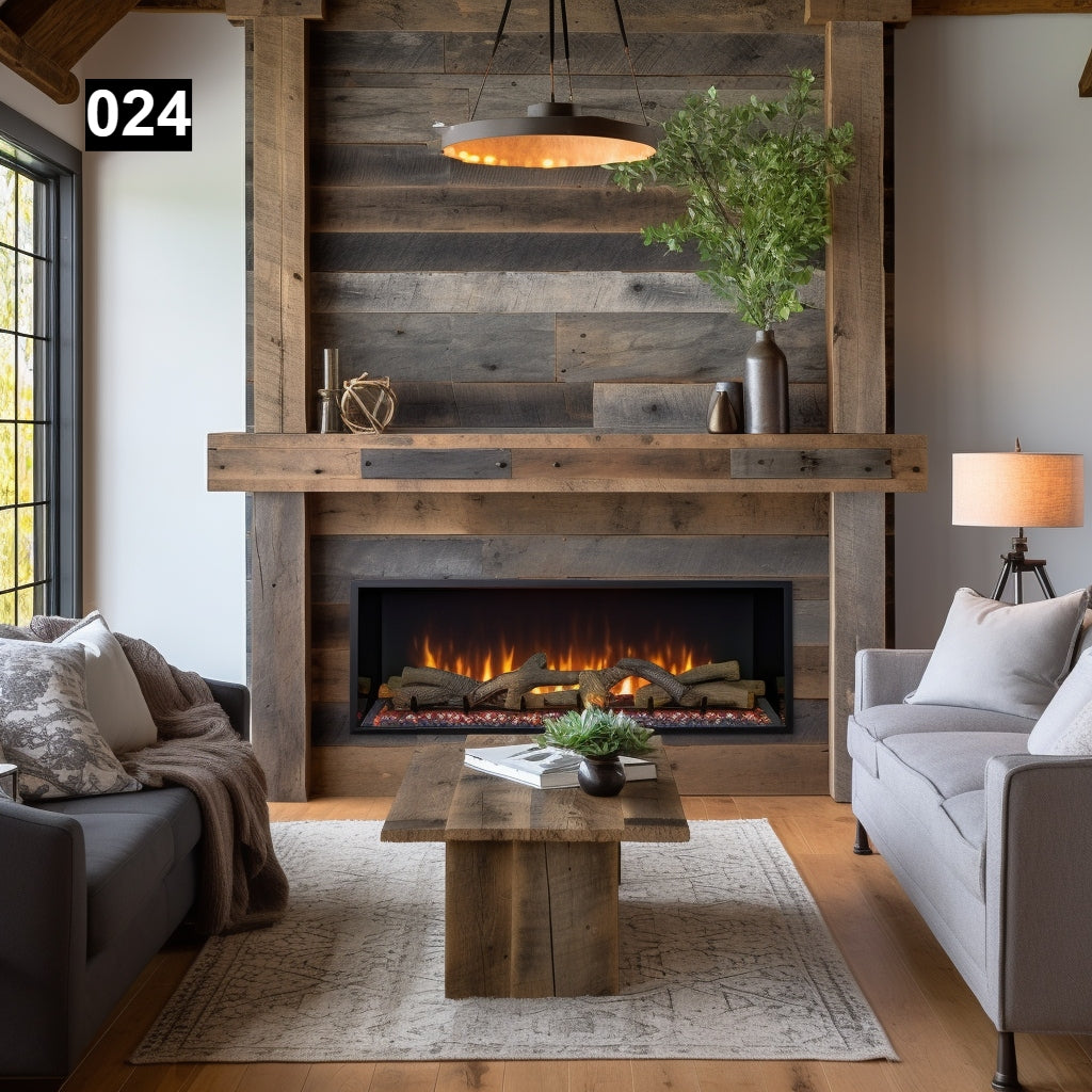 Custom reclaimed wood beam fireplace mantel