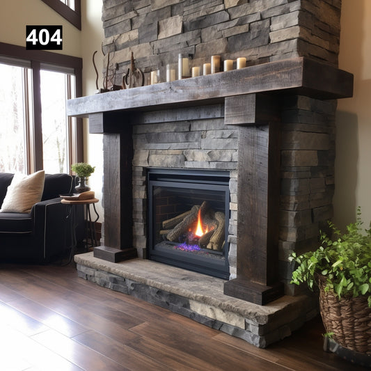 rustic reclaimed wood farmhouse custom beam floating solid distressed handcrafted barn shabby chic fireplace timber vintage style made Canada natural unique eco-friendly home decor iron legs corbels wrap-around