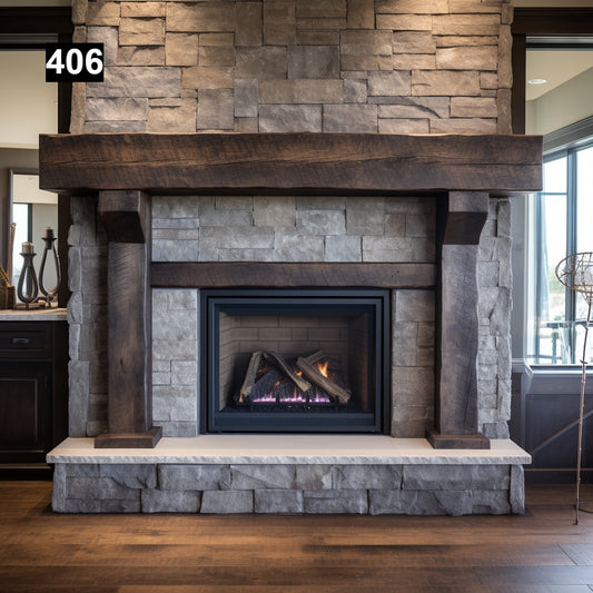 rustic reclaimed wood farmhouse custom beam floating solid distressed handcrafted barn shabby chic fireplace timber vintage style made Canada natural unique eco-friendly home decor iron legs corbels wrap-around