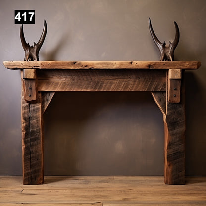 rustic reclaimed wood farmhouse custom beam floating solid distressed handcrafted barn shabby chic fireplace timber vintage style made Canada natural unique eco-friendly home decor iron legs corbels wrap-around
