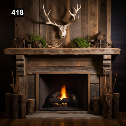rustic reclaimed wood farmhouse custom beam floating solid distressed handcrafted barn shabby chic fireplace timber vintage style made Canada natural unique eco-friendly home decor iron legs corbels wrap-around