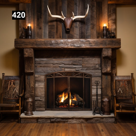 rustic reclaimed wood farmhouse custom beam floating solid distressed handcrafted barn shabby chic fireplace timber vintage style made Canada natural unique eco-friendly home decor iron legs corbels wrap-around