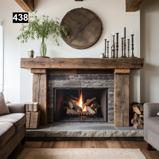 rustic reclaimed wood farmhouse custom beam floating solid distressed handcrafted barn shabby chic fireplace timber vintage style made Canada natural unique eco-friendly home decor iron legs corbels wrap-around