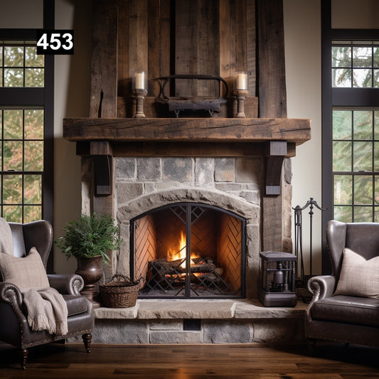 rustic reclaimed wood farmhouse custom beam floating solid distressed handcrafted barn shabby chic fireplace timber vintage style made Canada natural unique eco-friendly home decor iron legs corbels wrap-around