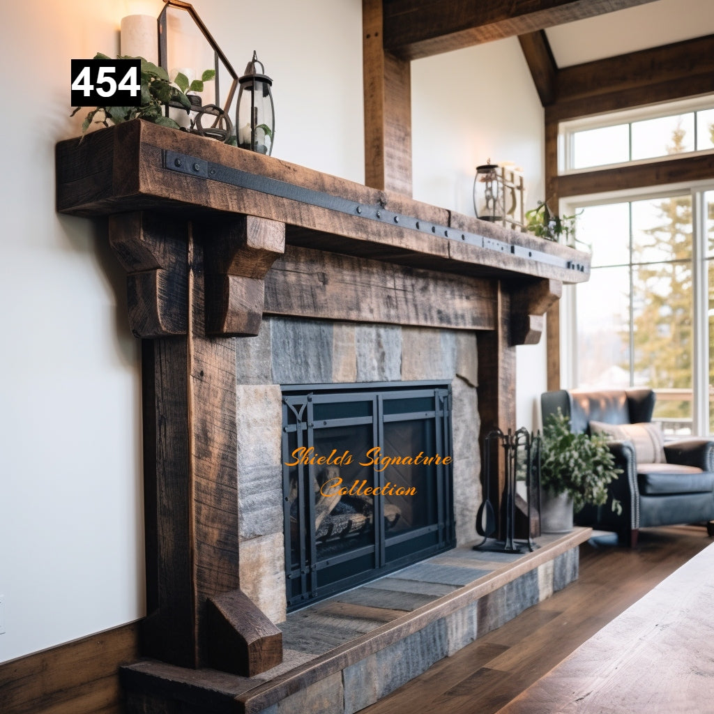 Regal looking Reclaimed Wood Beam Fireplace Mantel with Legs #454