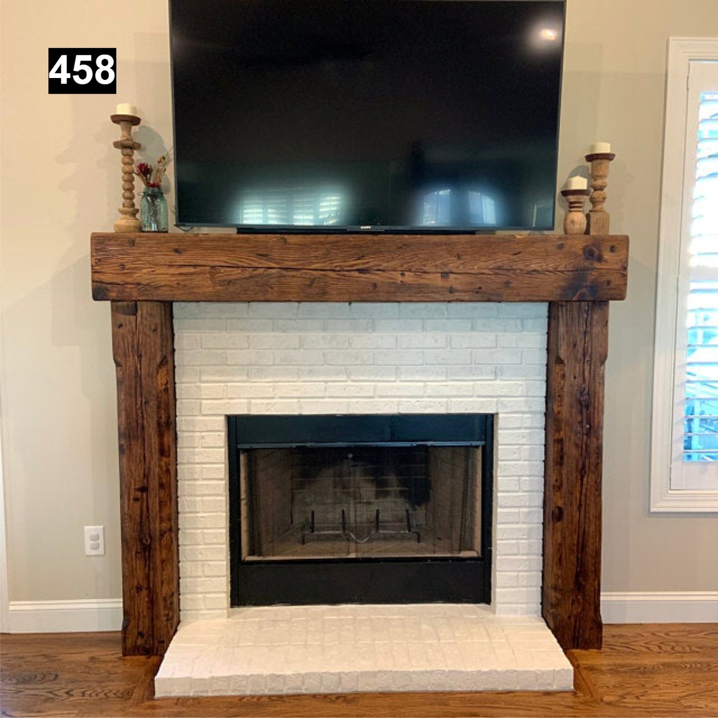 rustic reclaimed wood farmhouse custom beam floating solid distressed handcrafted barn shabby chic fireplace timber vintage style made Canada natural unique eco-friendly home decor iron legs corbels wrap-around