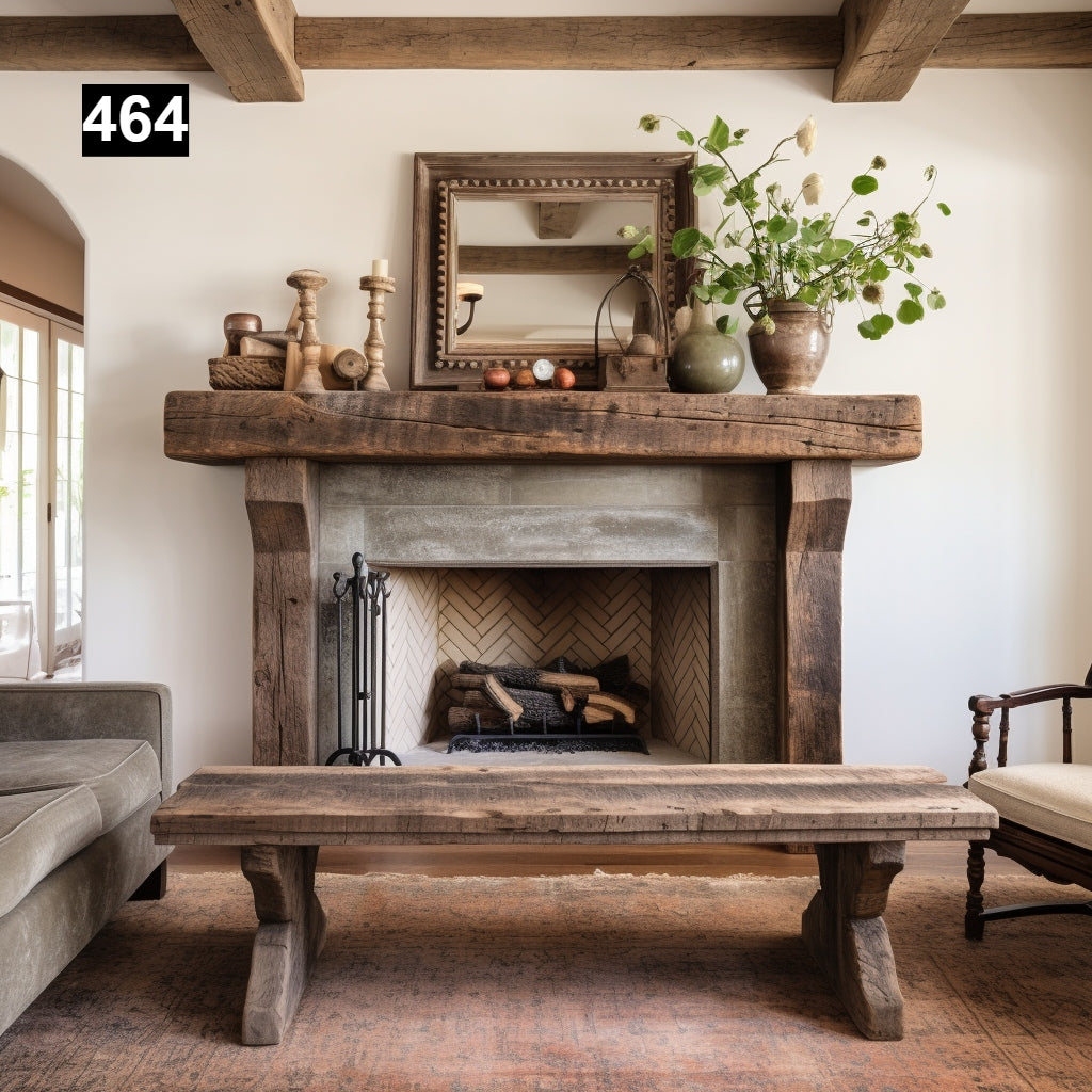 Custom reclaimed wood beam fireplace mantel with legs