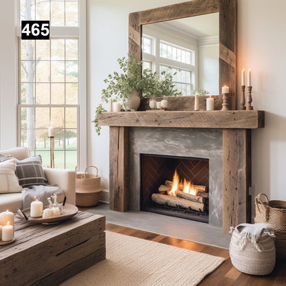 rustic reclaimed wood farmhouse custom beam floating solid distressed handcrafted barn shabby chic fireplace timber vintage style made Canada natural unique eco-friendly home decor iron legs corbels wrap-around