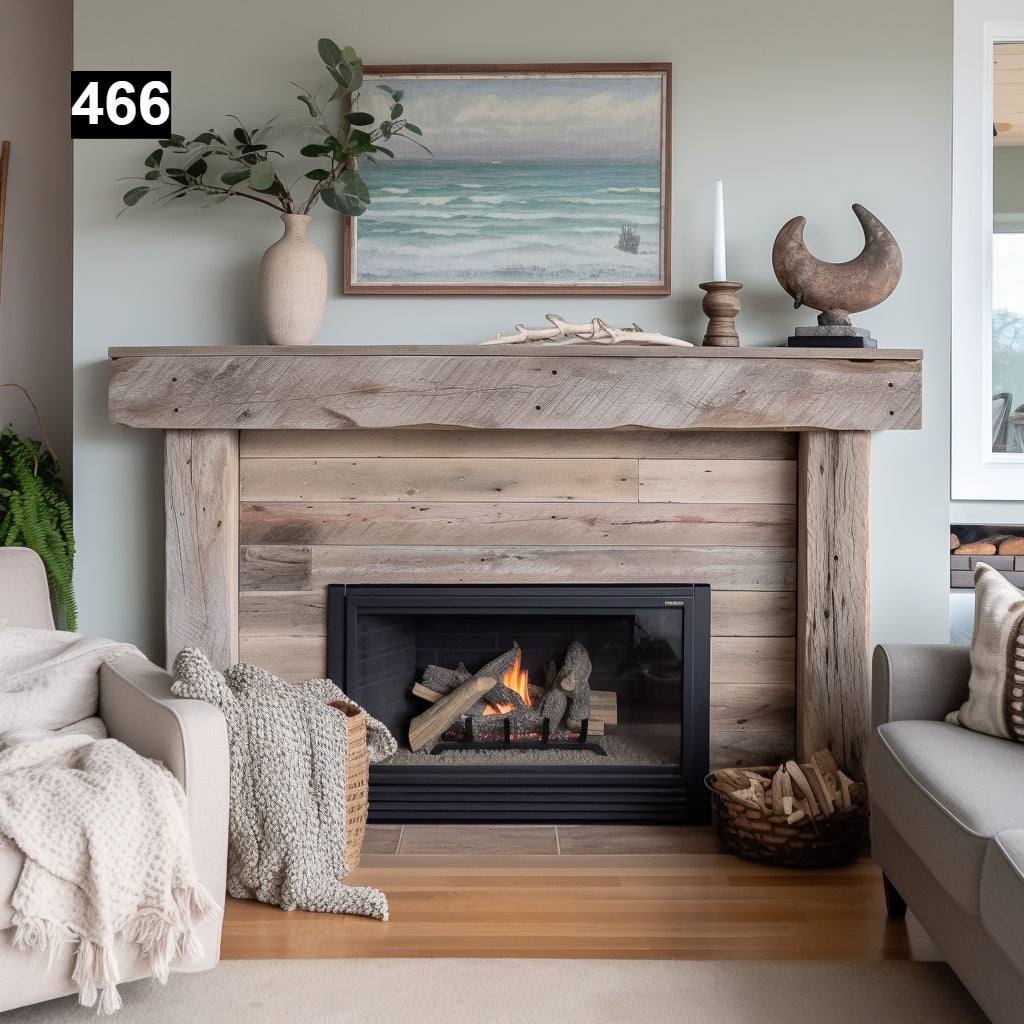 Custom reclaimed wood beam fireplace mantel with legs