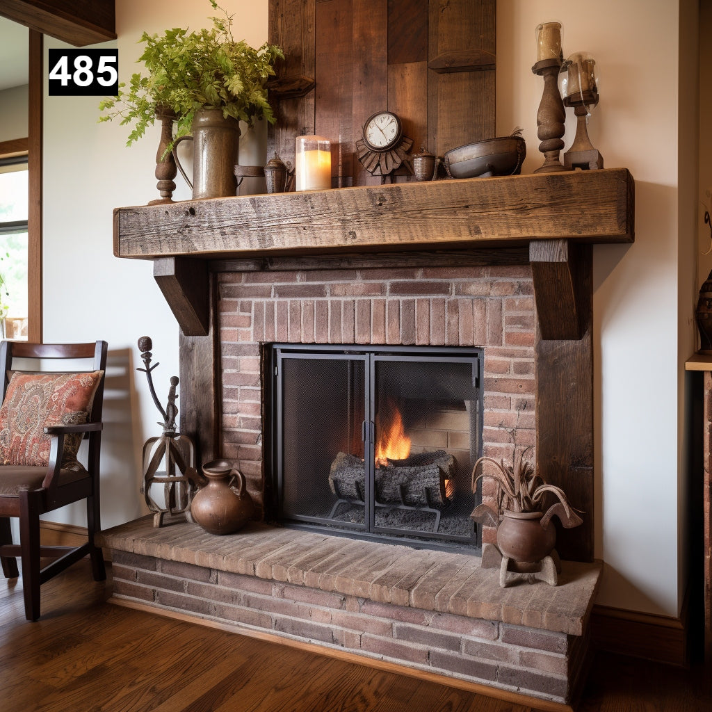 rustic reclaimed wood farmhouse custom beam floating solid distressed handcrafted barn shabby chic fireplace timber vintage style made Canada natural unique eco-friendly home decor iron legs corbels wrap-around
