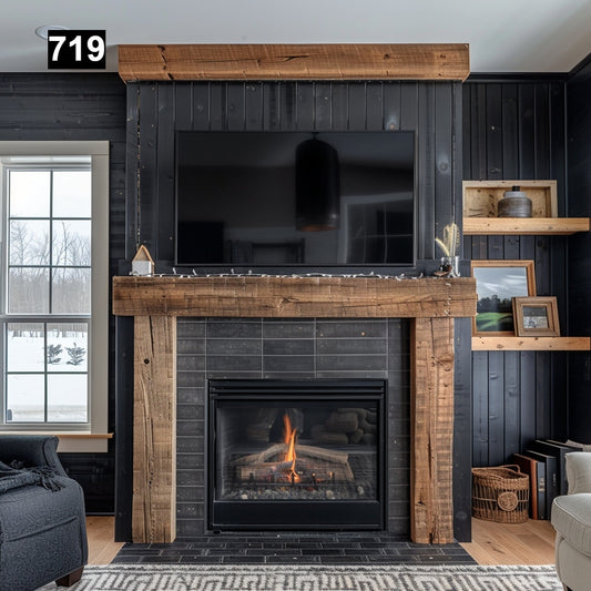 Custom reclaimed wood beam fireplace mantel with matching shelves