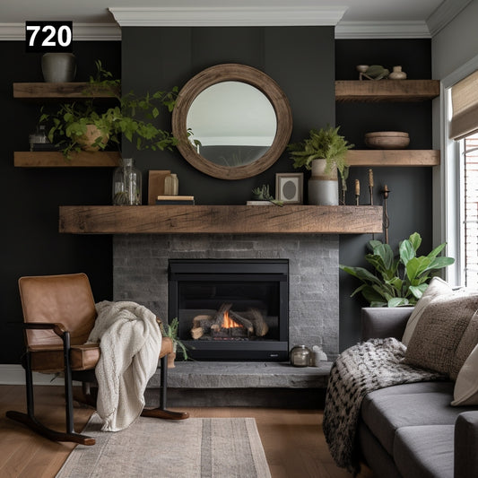 Custom reclaimed wood beam fireplace mantel with matching shelves