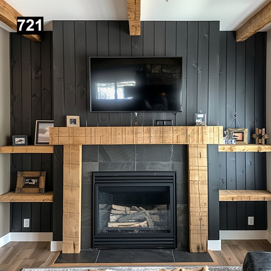 Custom reclaimed wood beam fireplace mantel with matching shelves