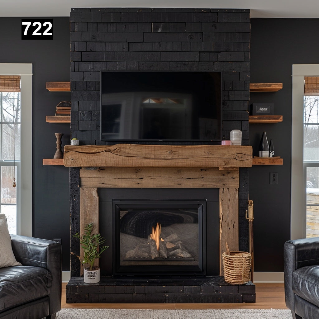 Custom reclaimed wood beam fireplace mantel with matching shelves