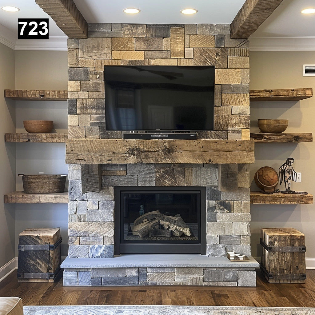 Custom reclaimed wood beam fireplace mantel with matching shelves