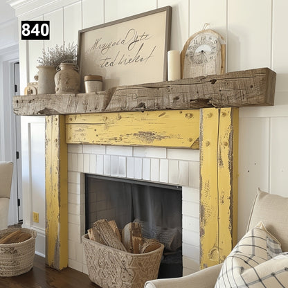 rustic reclaimed wood farmhouse custom beam floating solid distressed handcrafted barn shabby chic fireplace timber vintage style made Canada natural unique eco-friendly home decor iron legs corbels wrap-around