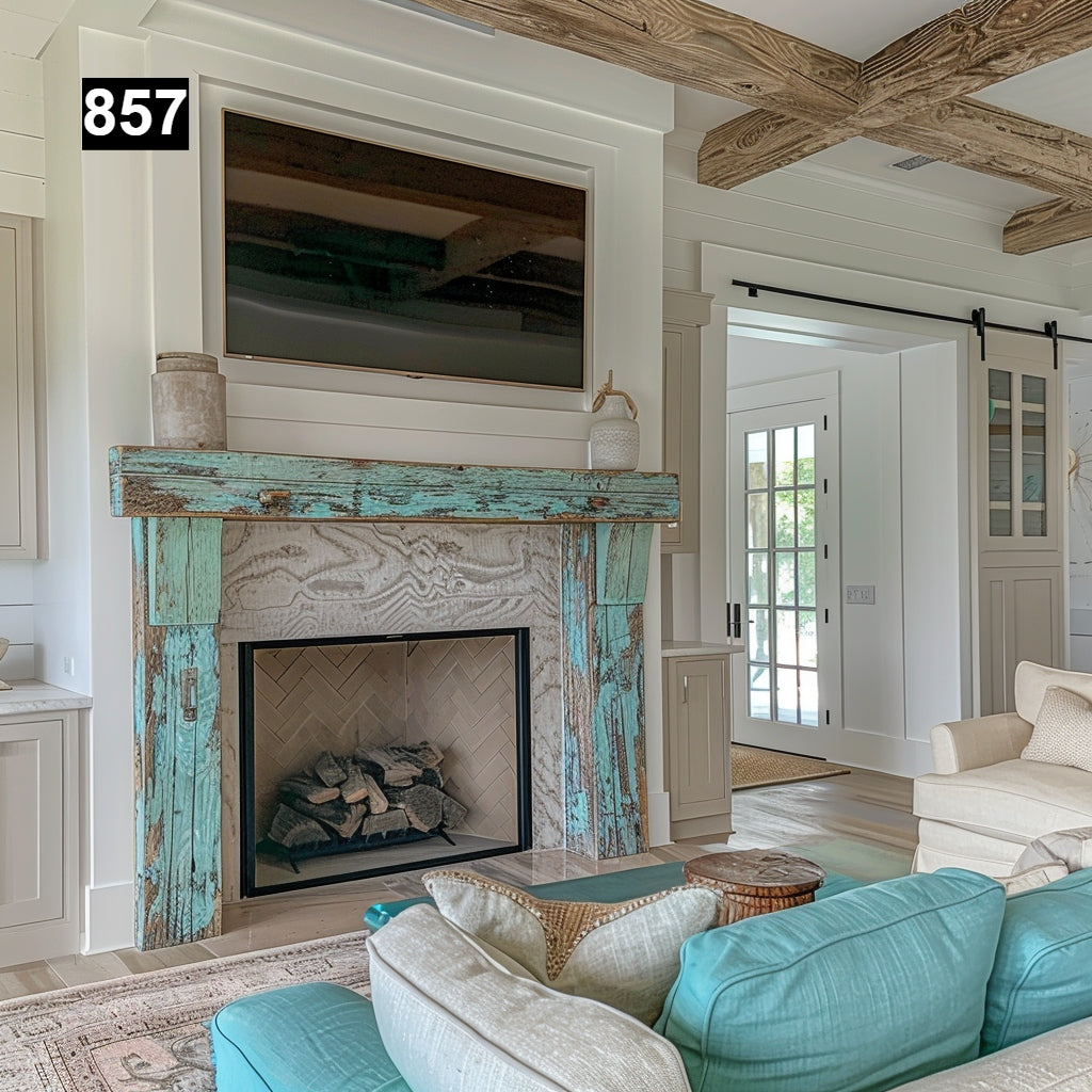 Custom reclaimed wood beam fireplace mantel colored