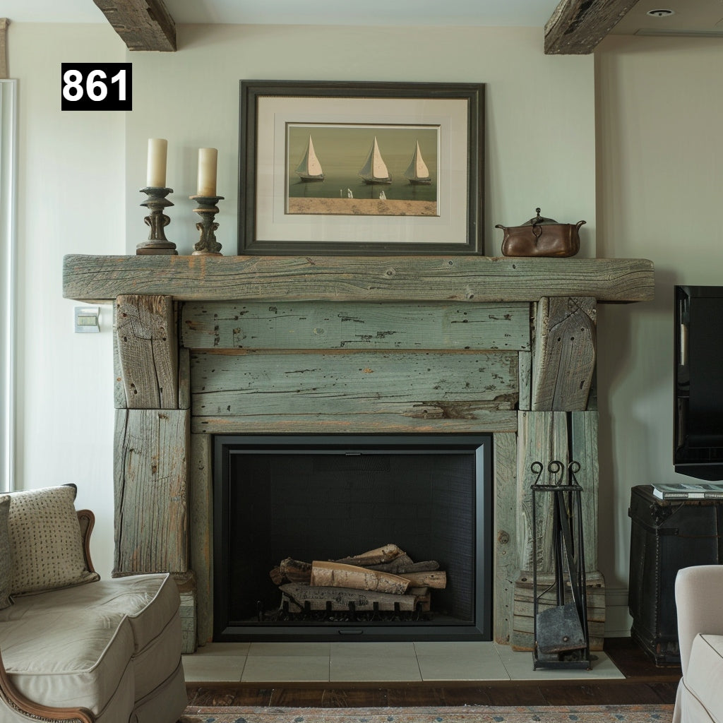 Custom reclaimed wood beam fireplace mantel colored