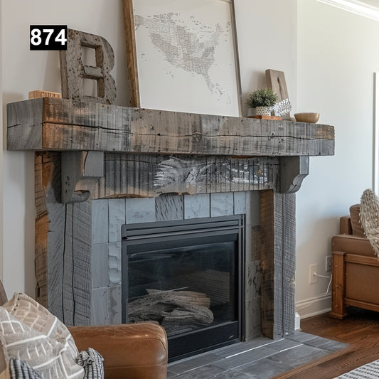 Custom reclaimed wood beam fireplace mantel colored