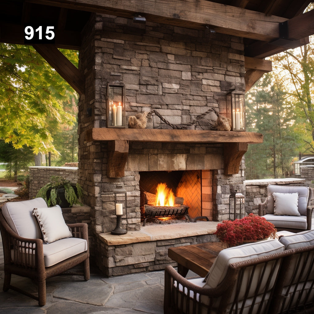 Custom reclaimed wood beam fireplace mantel outdoor