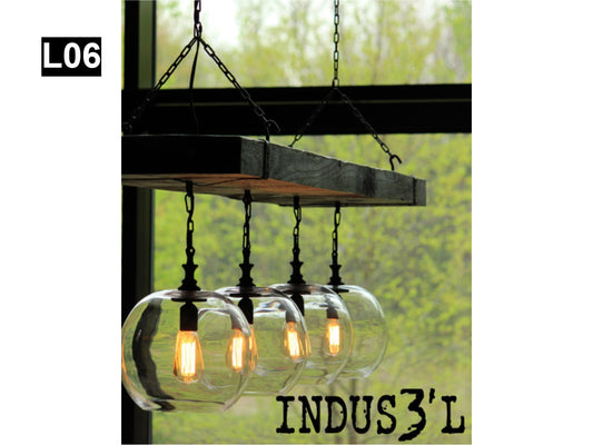 Large Wood Beam Chandelier with Globes