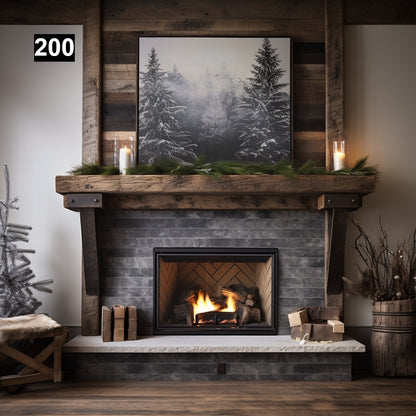 Custom reclaimed wood beam fireplace mantel iron corbels