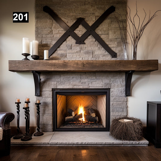 Warm Looking Reclaimed Wood Beam Fireplace Mantel with Iron Corbels #201