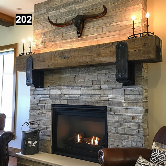 Warm Looking Reclaimed Wood Beam Fireplace Mantel with Iron Corbels #202