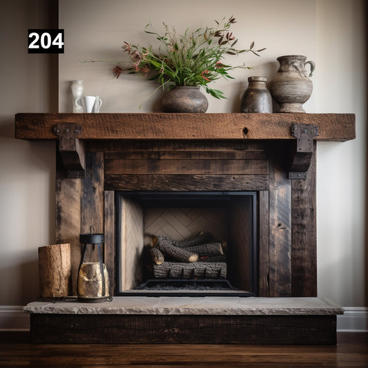 Warm Looking Reclaimed Wood Beam Fireplace Mantel with Iron Corbels #204