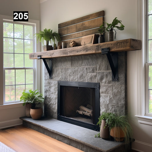 Warm Looking Reclaimed Wood Beam Fireplace Mantel with Iron Corbels #205
