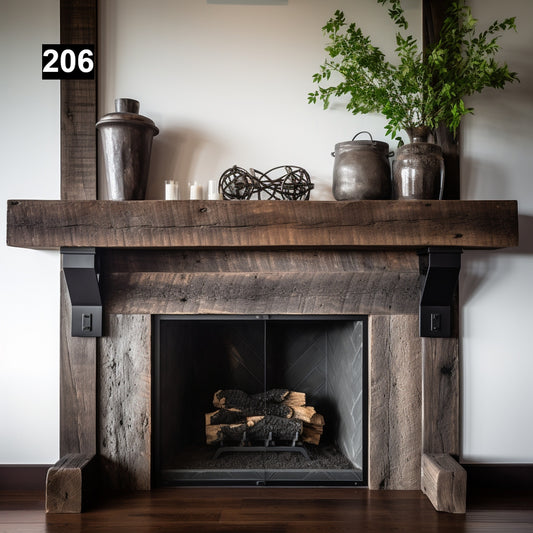 Warm Looking Reclaimed Wood Beam Fireplace Mantel with Iron Corbels #206