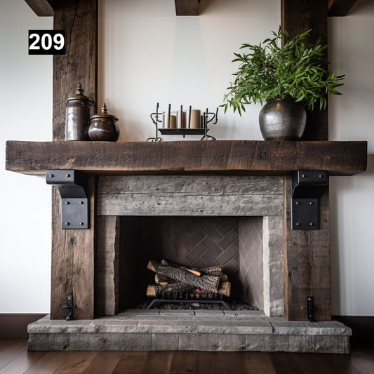 Warm Looking Reclaimed Wood Beam Fireplace Mantel with Iron Corbels #209