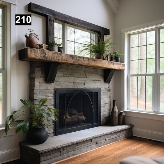 Warm Looking Reclaimed Wood Beam Fireplace Mantel with Iron Corbels #210