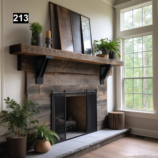 Warm Looking Reclaimed Wood Beam Fireplace Mantel with Iron Corbels #213