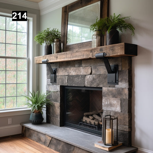 Warm Looking Reclaimed Wood Beam Fireplace Mantel with Iron Corbels #214