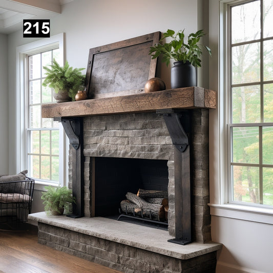 Warm Looking Reclaimed Wood Beam Fireplace Mantel with Iron Corbels #215