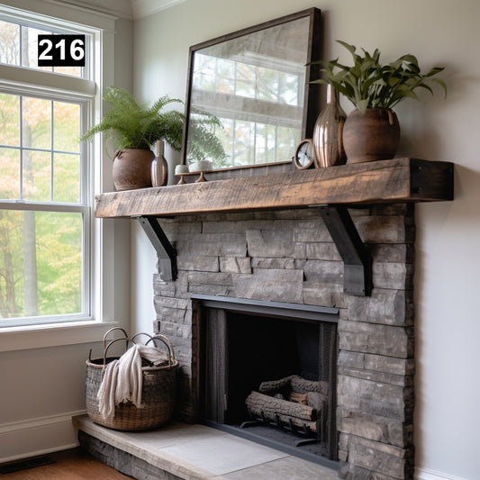 Warm Looking Reclaimed Wood Beam Fireplace Mantel with Iron Corbels #216