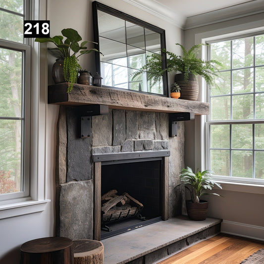 Warm Looking Reclaimed Wood Beam Fireplace Mantel with Iron Corbels #218