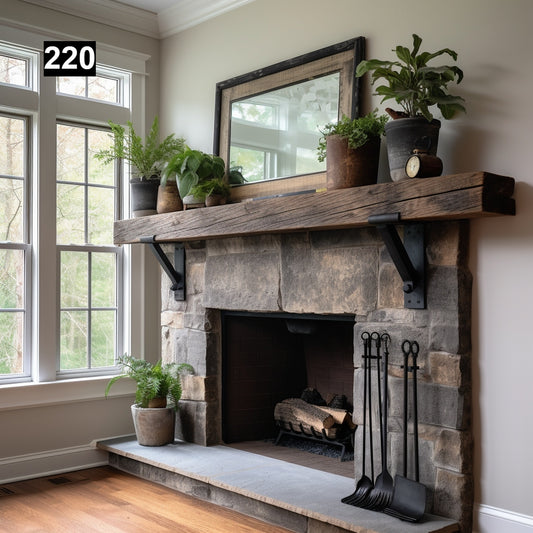 Warm Looking Reclaimed Wood Beam Fireplace Mantel with Iron Corbels #220