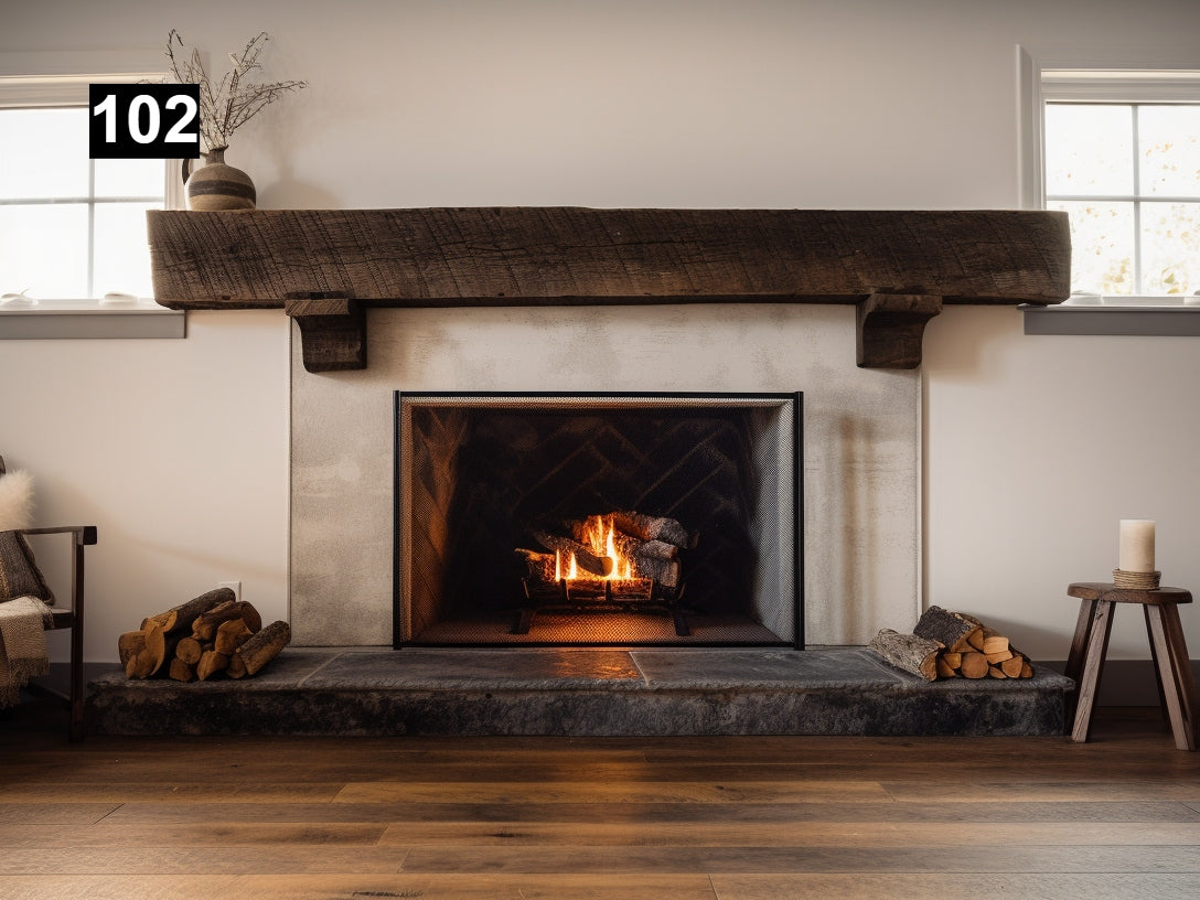 Custom reclaimed wood beam fireplace mantel with corbels